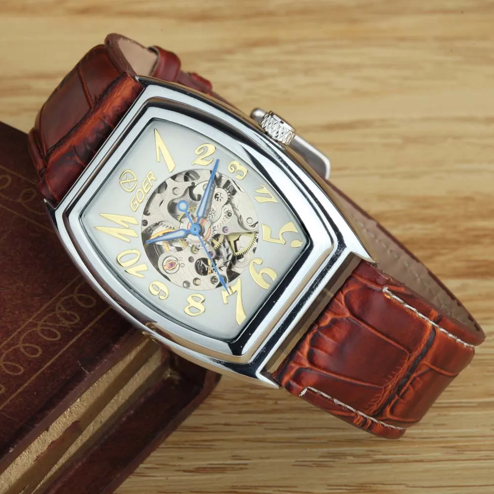 

GOER fashion casual brand men mechanical watches leather strap hot men's automatic skeleton wristwatches relogio masculino