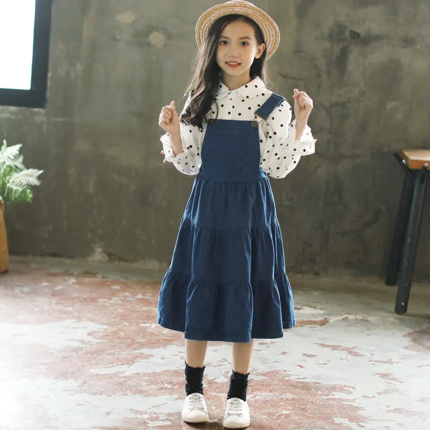 

2018 New Girls Overall Dress and Shirts Kids Strap Jeans Dress Baby Two Piece Set Toddler Set Autumn Toddler Suit Casual,#3410