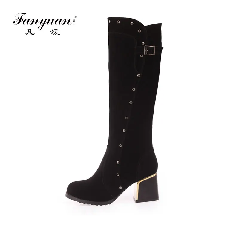 

Fanyuan Fashion Platform Square High Heel Buckle Knee High Boots Slip on Winter Boots Women Shoes Chelsea Boots size 28-50