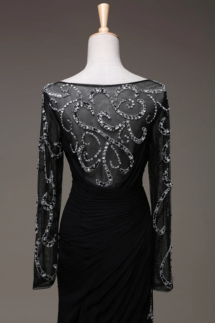 Вечернее платье, новинка, черное шифоновое роскошное платье с бусинами и длинным рукавом, праздничное платье для матери невесты