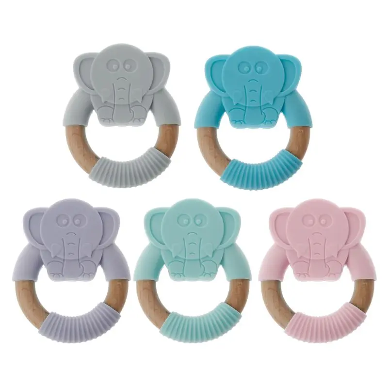 

OOTDTY Elephant Baby Silicone Teether Safe Toddle Organic Wood Chew Toys Teething Ring Gift For Infant Baby Chewing