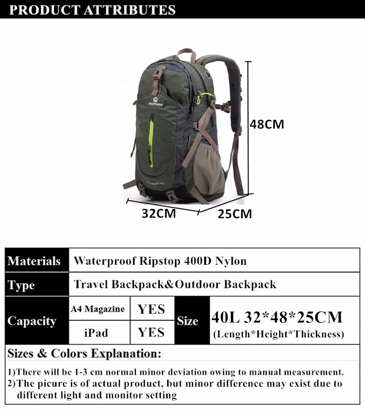 Acampamento ao ar Mochila de Viagem Bolsas para Mulheres 40l à Prova Maleroads Dwaterproof Água Livre Caminhadas Mochila Esporte Daypack Trekking Escalada Volta Masculinas 4 Maleroads 40l à prova dwaterproof água acampamento