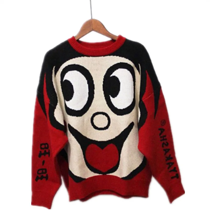 

Sweater Female 2019 Red Cartoon Wang Tsai Milk Round Neck Sweater Couple Jacket Knit Top Pullover Sweater Autumn And Winter