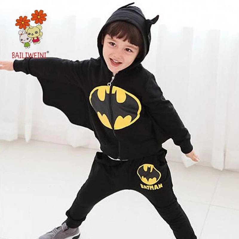 

BAILIWEINI 2019 spring children's clothing boys batman zipper suit personality hooded shape two-piece