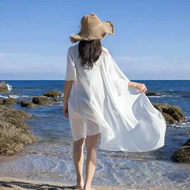 

Beach Dress 2018 Women Solid Chiffon Long Sarong Dress Bikini Cover up Pareo Beach Tunic Kaftan