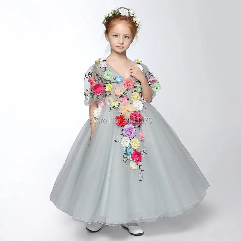 New Coming V-Neck Short Sleeve A-Line Flower Girls Dresses Flowers Adorned Princess Cinderella Formal Wear For Kids day Gowns
