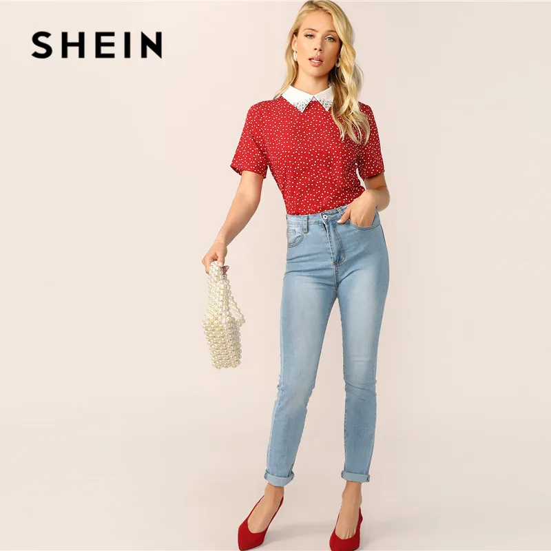 SHEIN женская красная футболка с контрастным воротником и принтом преппи