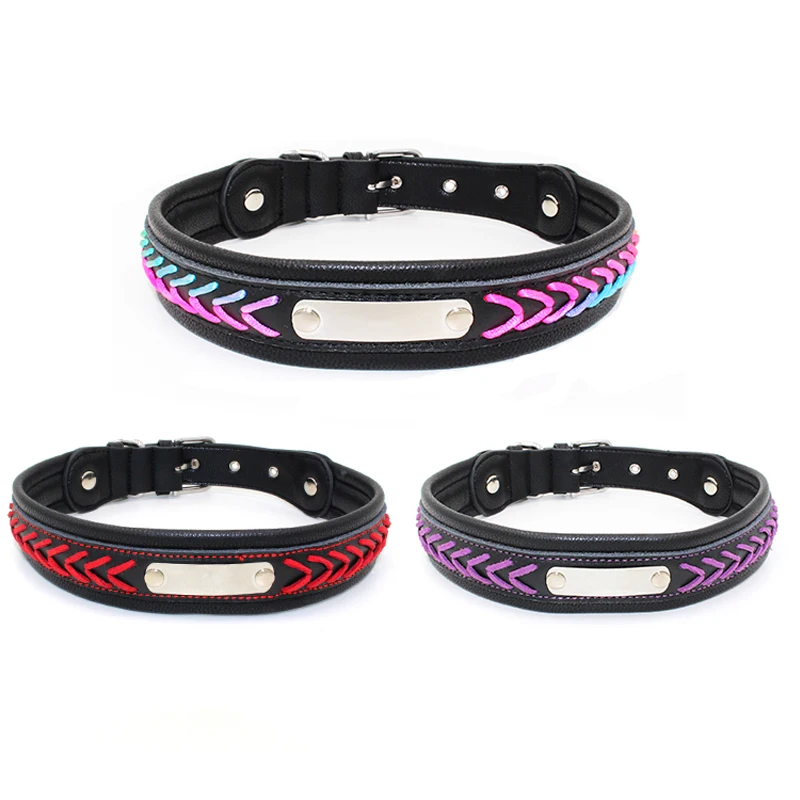 Dog Collar leather Personalized Engraved Pet Name ID Padded Collars dog