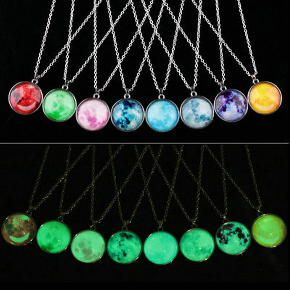 

Fashion Women Lady Round Glass Fluorescent Glow In The Dark Moon Long Chain Pendant Necklaces Sweater Star Necklace Jewelry