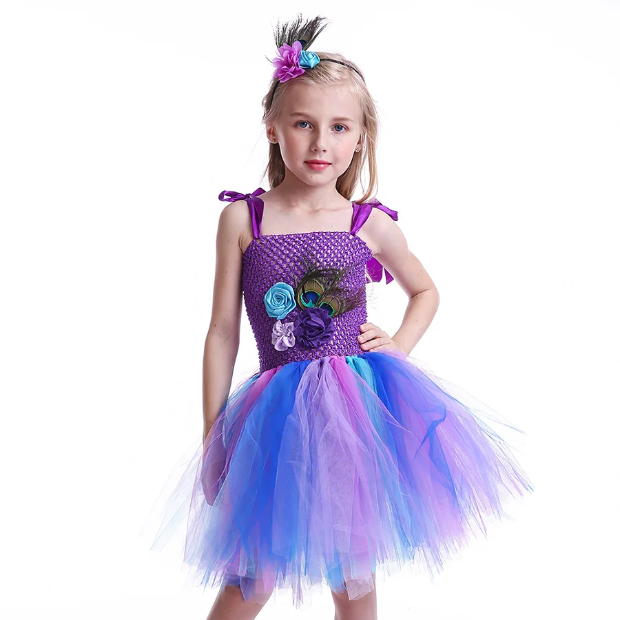 Kids Peacock Feather Halloween Purim Tutu Dress with Hair Hoop Flowers (7)