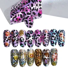 16 шт смешанных цветов, леопардовые наклейки для нейл-арта, переводные наклейки из фольги, набор голографических розовых и голубых наклеек для ногтей с леопардовым узором, слайдер LA936