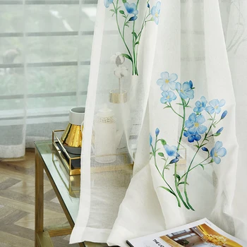 

Chinese Hand-painted Curtains Tulle for Kitchen Simple Blue Flowers Sheer Window Curtian for Living Room Yarns Voile for bedroom