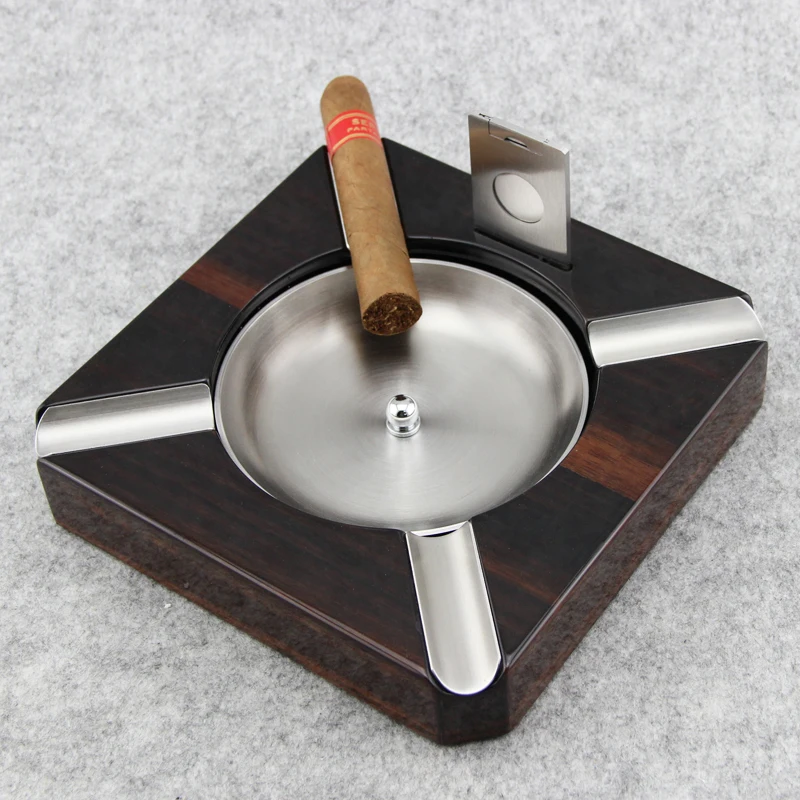 

good quality brown luxury Polygon Spoon Shaped Stainless Steel Groove Four Holder Merbau Wood Cigar Ashtray W/ Cigar Cutter