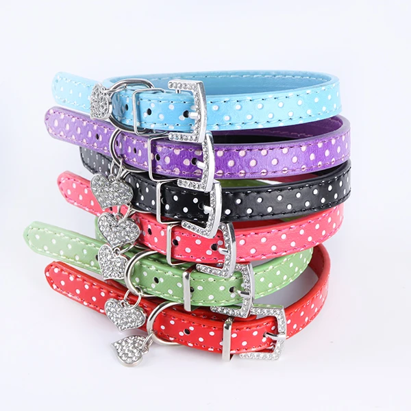 

2019 Dog Collar Lovely Small Pets Dog Cat Collar Polka Dot Pattern Dog Collar Heart Crystal Pendant