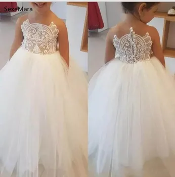 

White Puffy Tulle Flower Girl Dresses O Neck Lace Appliqued Ball Gown Baby Girl Birthday Dresses Party Gown Custom Made Size
