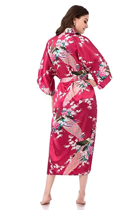 Женское кимоно, длинный халат с павлином и цветами, длинное кимоно, халат с карманом, сексуальный халат для свадьбы, невесты, подружек невесты, большой размер D130-01