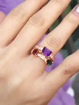 

Natural tourmaline Ring Natural garnet amethy Ring 925 sterling silver trendy Luxury Lucky Energy women party fine Jewelry