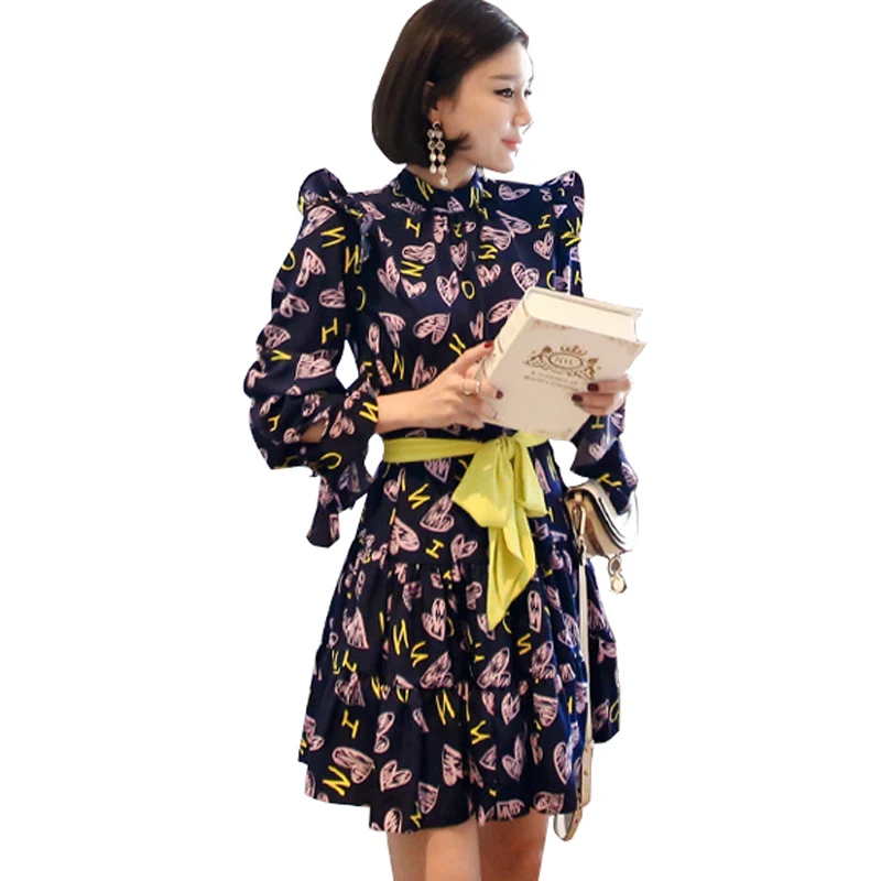 

Summer Black Dresses Print Heart Long Flare Sleeve Womens Dress Elegant Bandage Sexy Party Office Ladies Midi Aline Sundress
