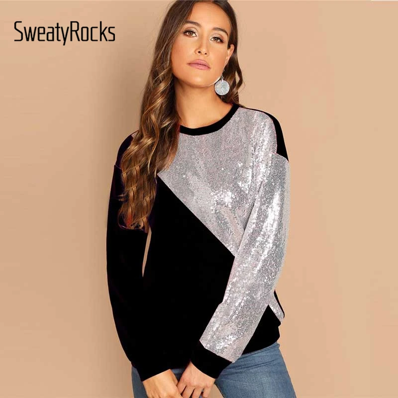 

SweatyRocks Black Contrast Sequin Women Casual Sweatshirt Long Sleeve O-Neck Pullover Tops 2018 Autumn Leisure Style Sweatshirt