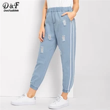 Dotfashion Синие рваные полосатые джинсы с лентой сбоку женские весенние повседневные джинсы с эластичной резинкой на талии уличная корейская мода джинсовые брюки