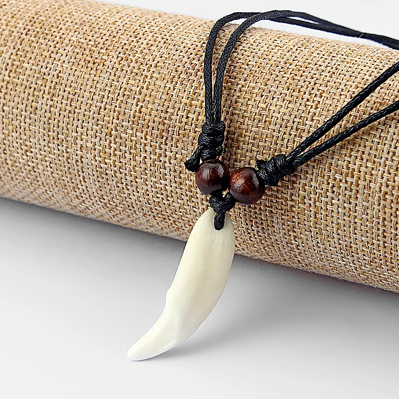 

1pcs Real Wolf Teeth Yak Bone Wood beads Tooth Amulet Charm Pendant Necklace Wax Cord 17-33''
