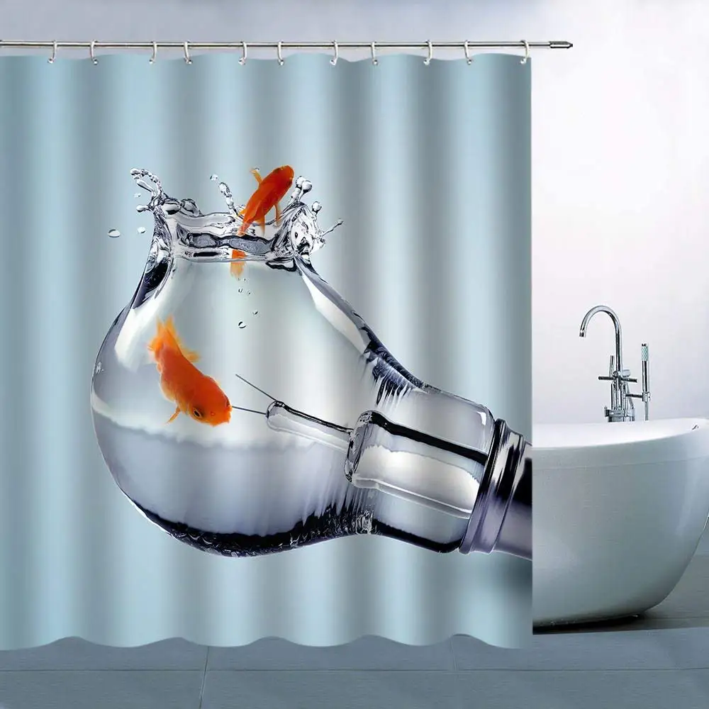 

Personality Bulb Fish Pattern Theme Shower Curtain Bulb Fish Jar Red Goldfish Jumping Out Of Water Waterproof