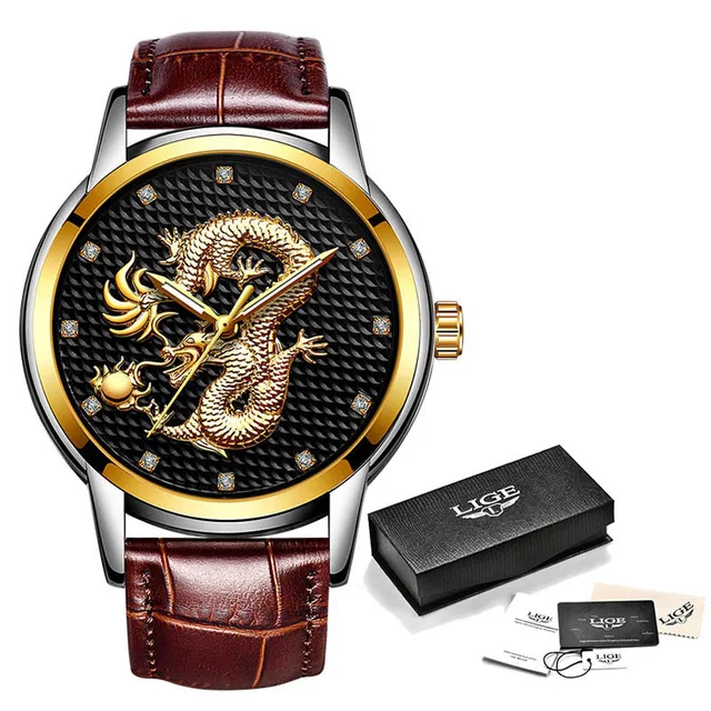 2021 LIGE New Golden Mens Watches Top Brand Luxury Chinese Dragon Watch Business Full Steel Quartz Clock Male Relogio Masculino Gold black L