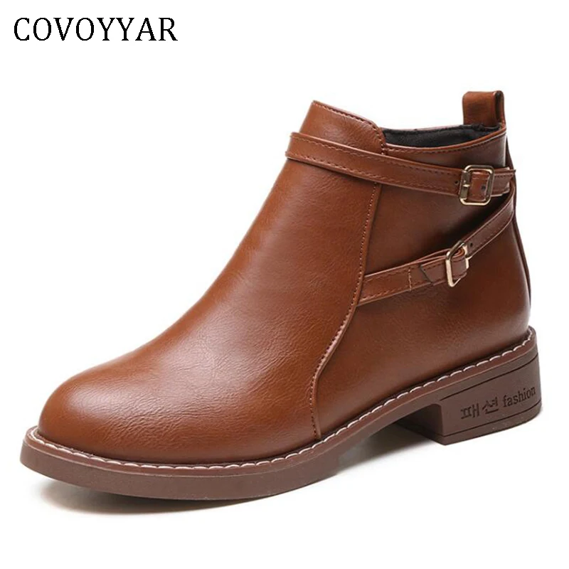 

COVOYYAR 2019 Boots for Women PU Leather Buckle Flat Heel Ankle Boots Short Black/brown Lady Booties Autumn Winter Shoes WBS471