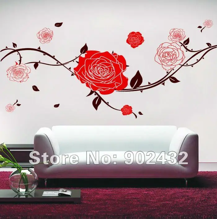 Free Shipping Removable Vinyl Red Rose Flowers Wall Stickers 160*70 cm