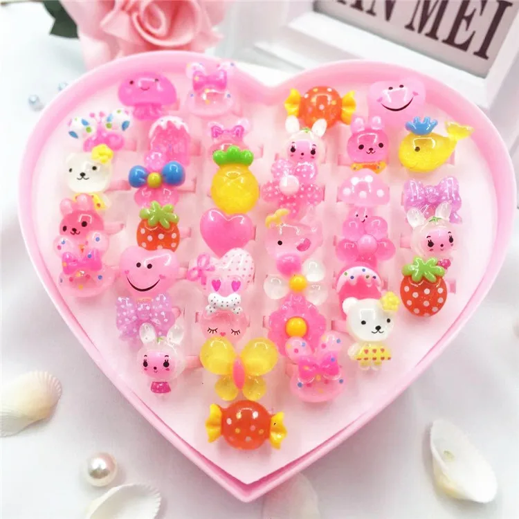  36pcs Mini Cartoon Candy Flower Kindergarten Little Girl Plastic Ring Set Pretend Play Beauty Fashi - 33001980751
