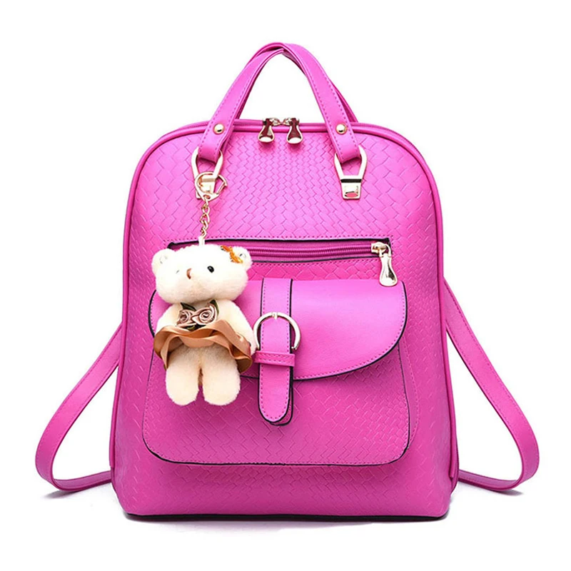 New Casual Girls Backpack PU Leather Fashion Women Backpack School Travel Bag With Bear Doll For Teenagers Girls