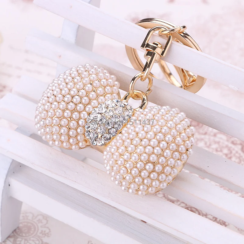 Novelty fashion imitation pearl bow key chain ring holder charm
