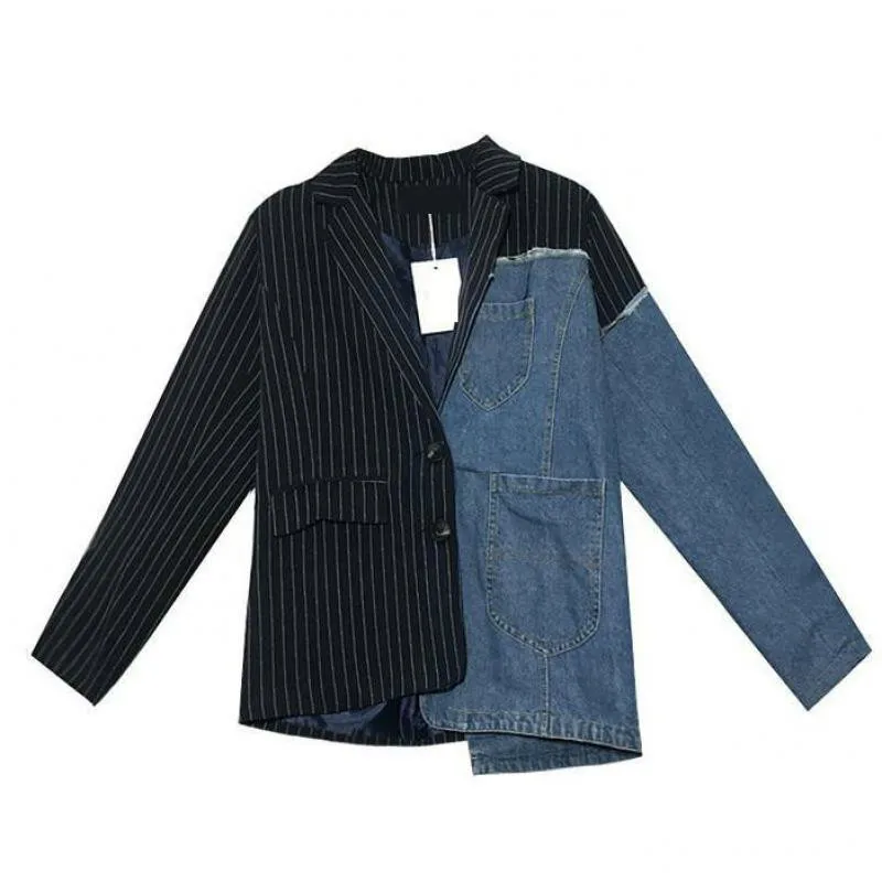 

TVVOVVIN Coat Suit Coat Irregular Stripe Color Matching Patchwork Blazer Women Asymmetry Loose Leisure Women Jacket 2019 V258