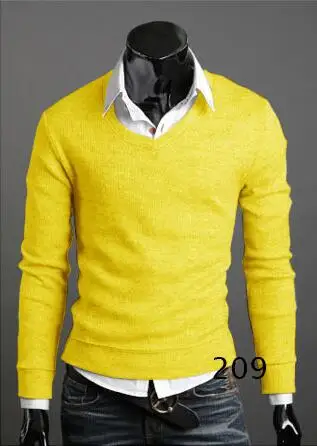 7 цветов, осенний модный брендовый Повседневный свитер с v-образным вырезом, полосатый приталенный вязаный мужской свитер, Мужской пуловер - Цвет: Цвет: желтый
