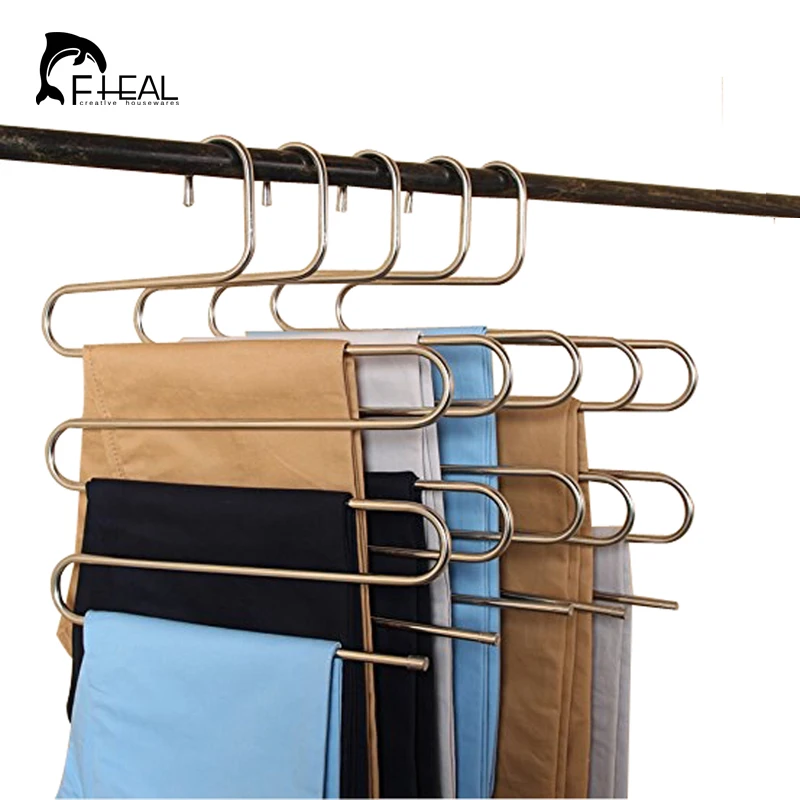 FHEAL 5 Tier Stainless Steel S Type Pants Hangers Multifunction Trouser Tie Scarfs Belt Towel Non-slip Magic Hanger Storage Rack | Дом и сад