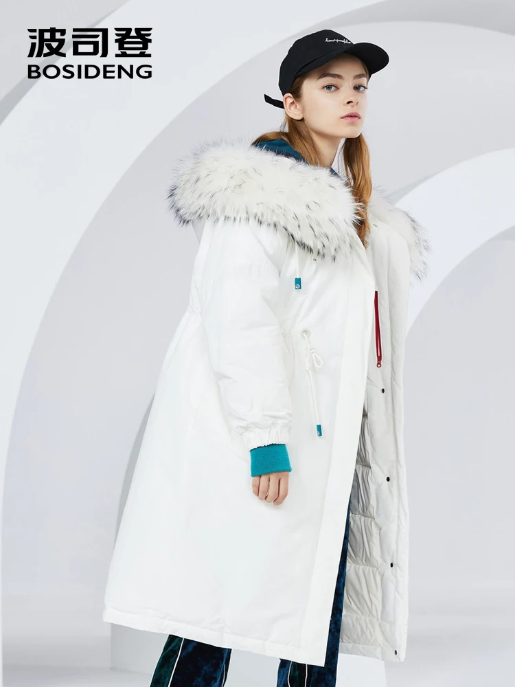 

BOSIDENG 2018 new winter down coat loose high waist adjustable waist blue rib cuff real fur collar thicken outwear B80142126