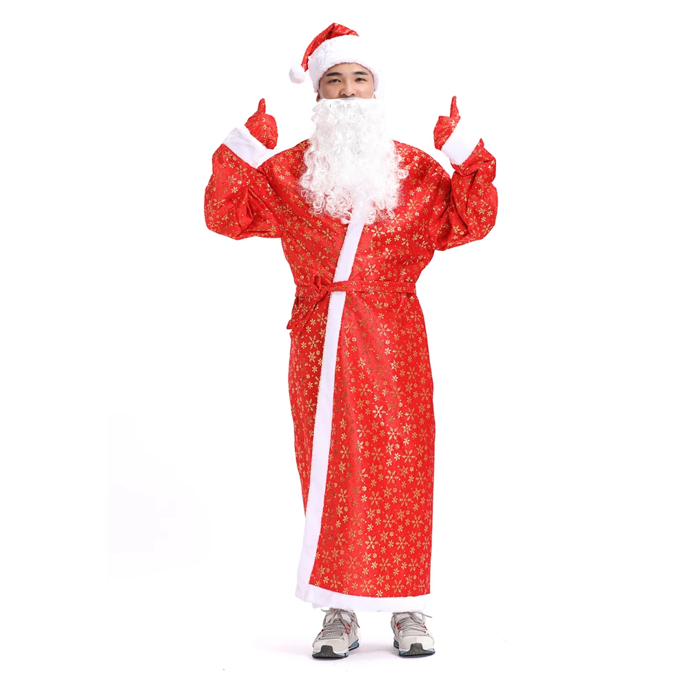 Костюм Санта Клауса для взрослых, Рождественский костюм для русской зимы, Рождественский костюм, костюм для косплея, Халат+ борода+ перчатки+ шапка, Рождественский комплект