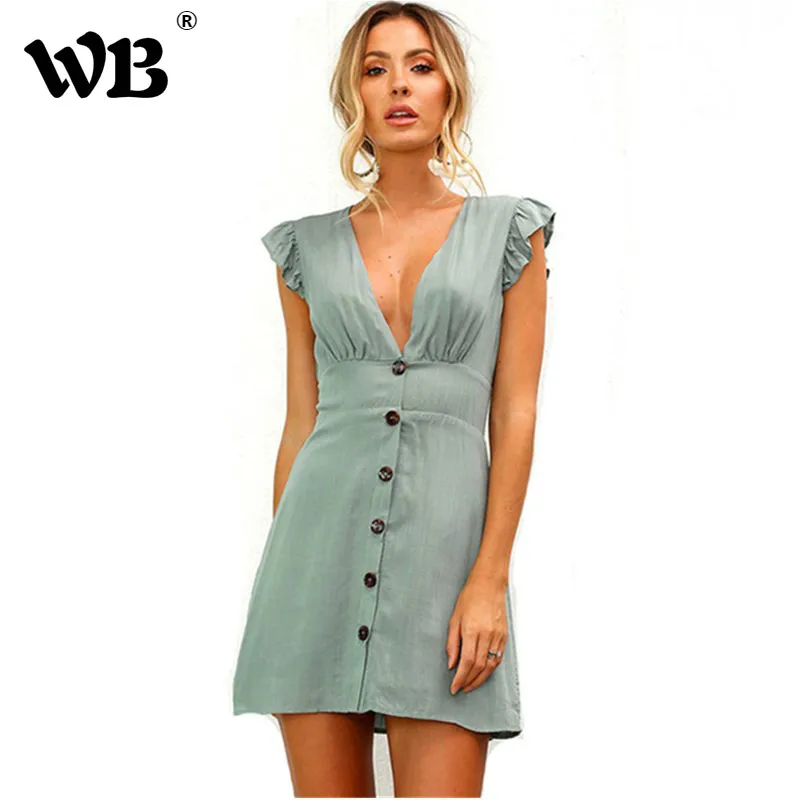 

Fashion V Neck Ruffles Sleeve Mini Dress Women 2018 Casual Elastic Waist Slim Tunic Short Summer Beach Vestidos De Festa