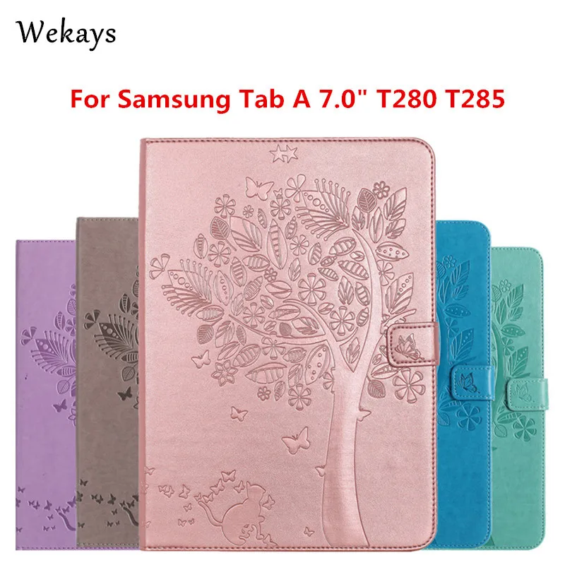 Wekays For Samsung Galaxy A 7.0 inch T280 T285 Case Luxury Cartoon Cat and Tree Leather Flip Case Stand Full Cover Capa Funda