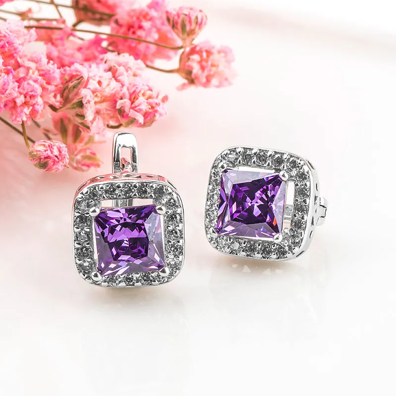 QCOOLJLY серебряный цвет кубической формы pendientes brincos яркий фиолетовый вечерние серьги-кольца ювелирные изделия для женщин CZ хороший Циркон CA051