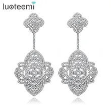LUOTEEMI New Elegant Earrings Big Square CZ Crastal Flower Shape Drop Brincos White Gold Color Jewelry
