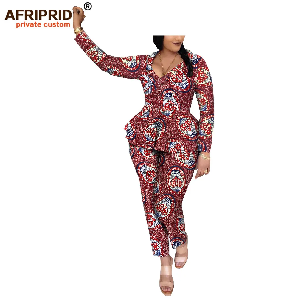 Африканский Дашики 2 шт брюки набор для женщин AFRIPRIDE полный рукав топ+ длина лодыжки брюки Повседневный Женский хлопковый комплект A1926002