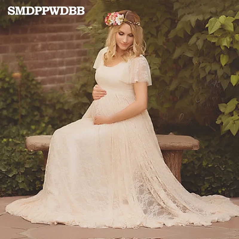 

SMDPPWDBB Women Maternity Photography Props Sexy Lace Dress White Elegant Fancy Pregnancy Photo Shoot Studio Clothing Lace Gown