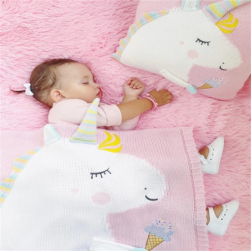 Baby Blanket Toddler Infant Newborn Knitted Blanket Pram Cot Bed Moses Basket Crib Cartoon Unicorn Nursery Sleeping Pillow