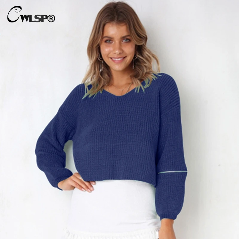CWLSP Autumn Winter V Neck Zipper Sleeve Sweater Women Casual Jumper Knitted Loose Pullover Female Pull Femme Casaco Feminino