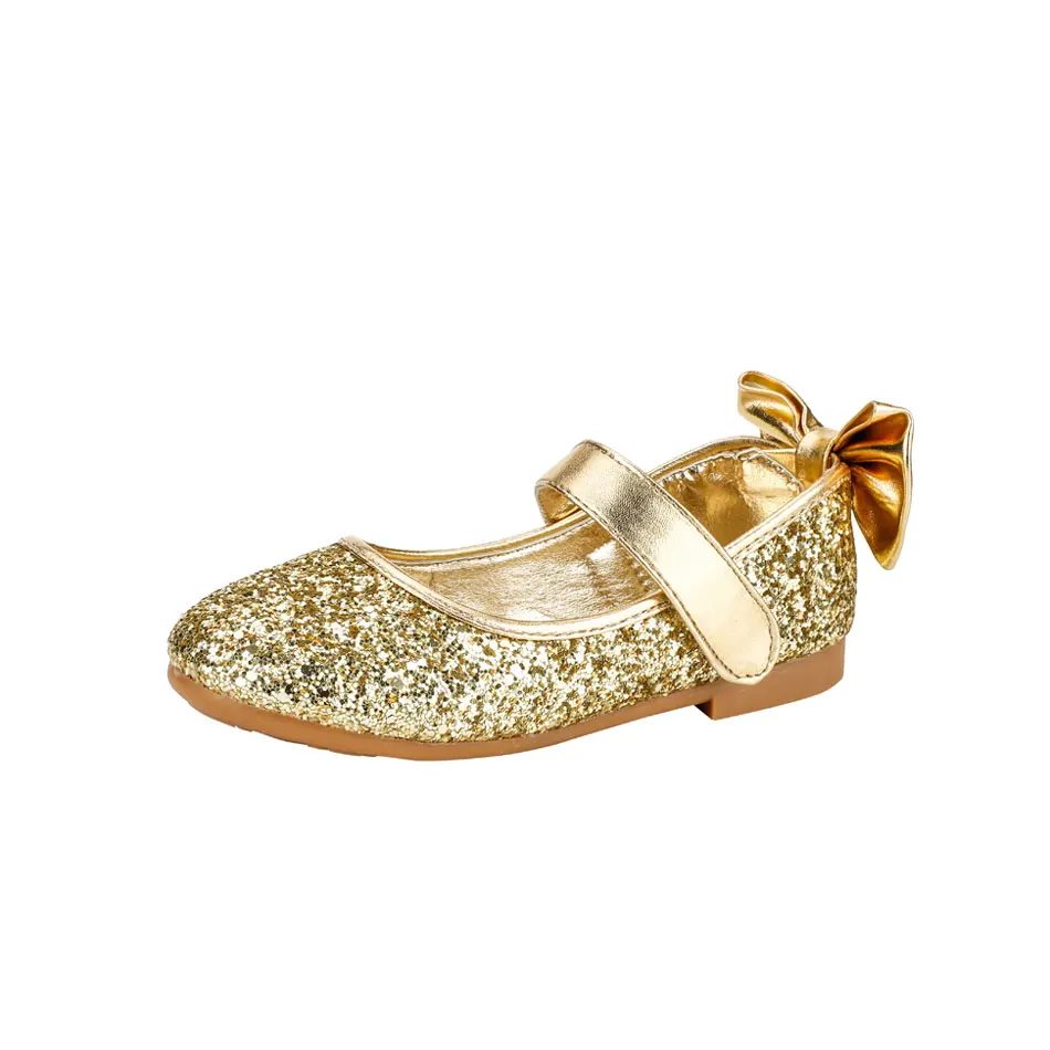 MSMAX Children Shoes Gold/Silver Glitter Butterfly Knot Bling Leather