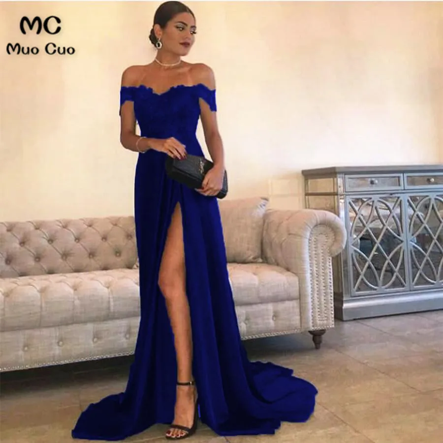 Sexy Leg Slit Long Satin Sweetheart Prom Dresses Lace Off The Shoulder Evening Gowns