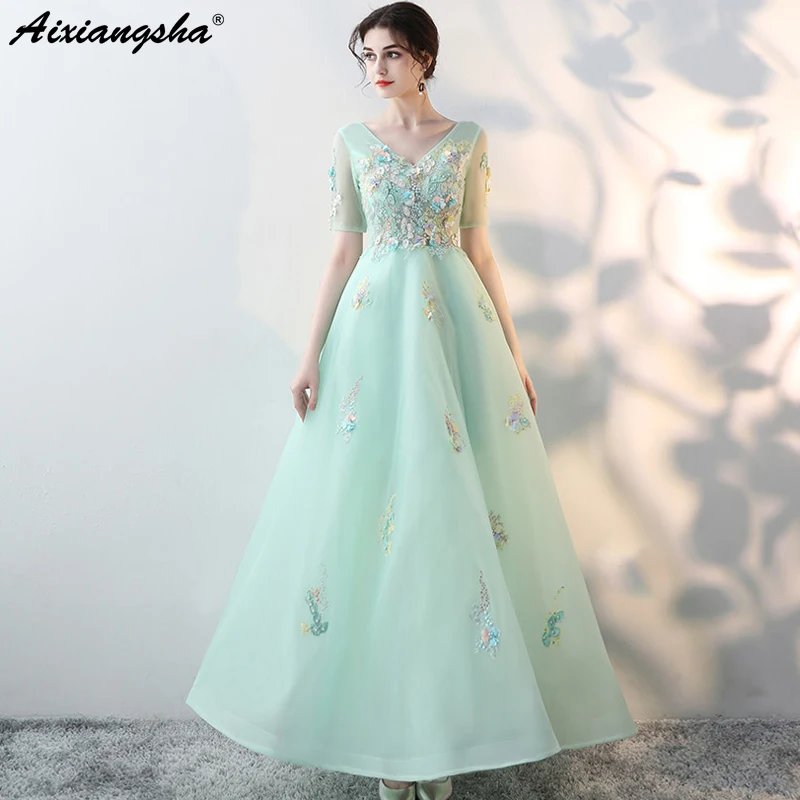 Dreamy Wedding Dress 2018 Lace Pearls V Nceck Half Sleeves Ankle Length