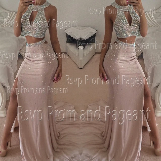 Sexy Long Evening Dress 2017 O neck Two Piece Evening Dresses Beaded Chiffon High Slit Special