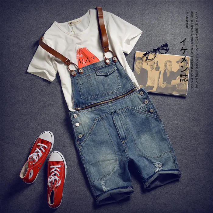 

Male Denim Jumpsuit Short Black Denim Overalls Men Distressed Ripped Shorts Suspender jean shorts Bermuda Masculina 031510